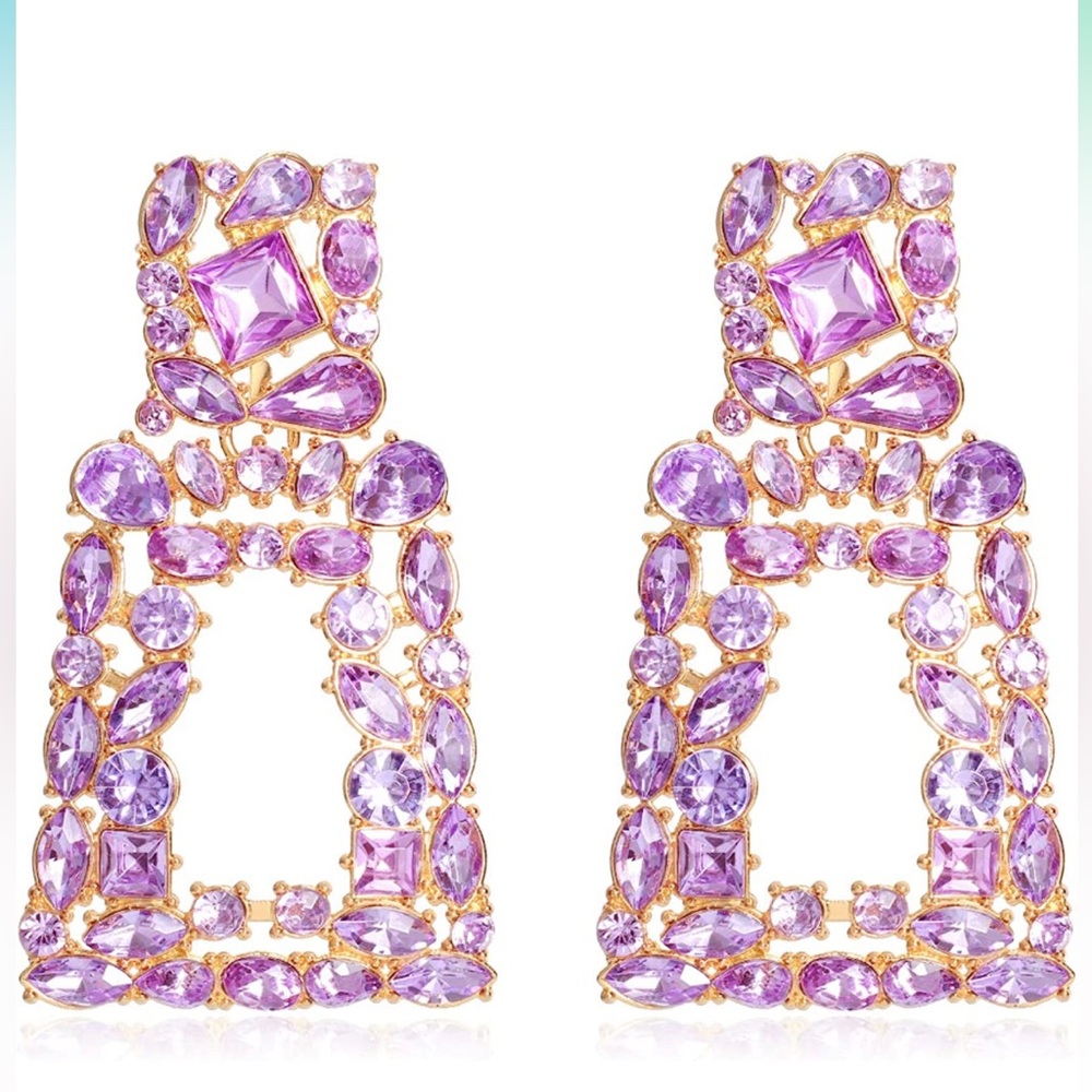 NWT Purple Rectangle Geometric Glass Statement Drop Earrings